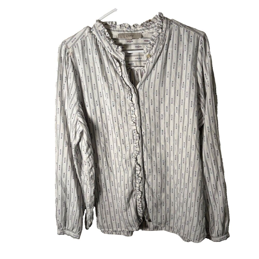 Loft Blouse Women's XL Button Up Ruffle Long Sleeve Embroidered Top Shirt